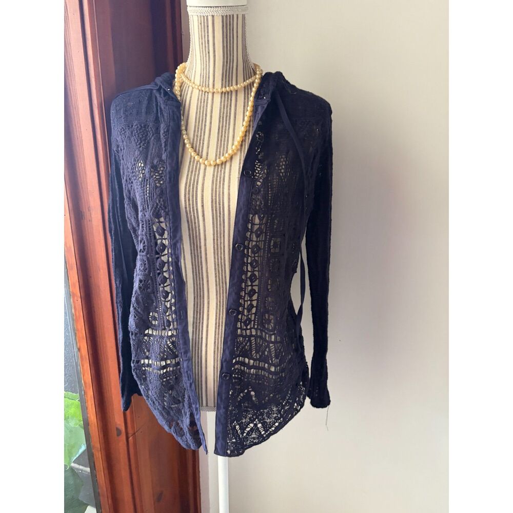 Whimsigoth BOHO Festival Open Knit Crochet  Grannycore Cotton Lace Zip Hoodie